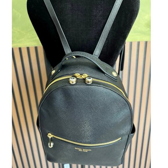 Henri Bendel West 57th Backpack Leather Round Bag Adjustable Straps Black Gold - Picture 4 of 7